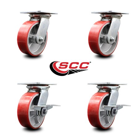 Service Caster 6 Inch Red Poly on Cast Iron Swivel Caster Set with Ball Bearings 2 Brakes SCC SCC-35S620-PUB-RS-2-SLB-2